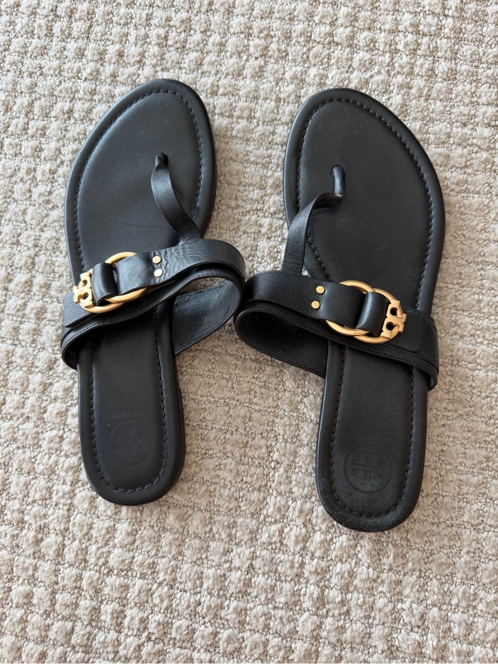 Tory Burch Black Leather Toe-Loop Sandals with Gold Buckle